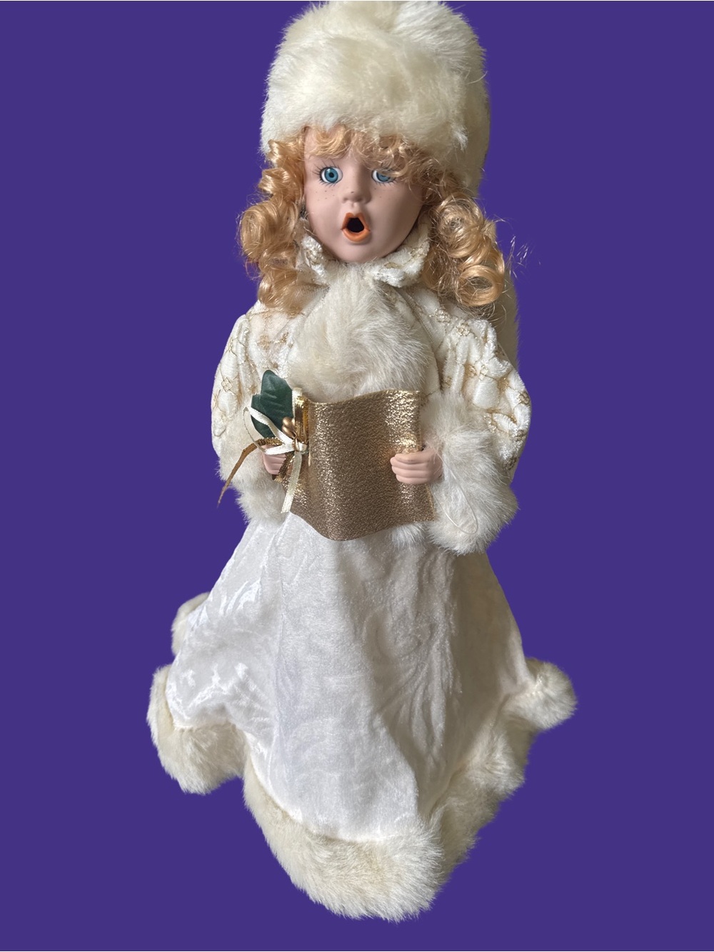 Porcelain Caroler Doll in Ivory Fur Trim